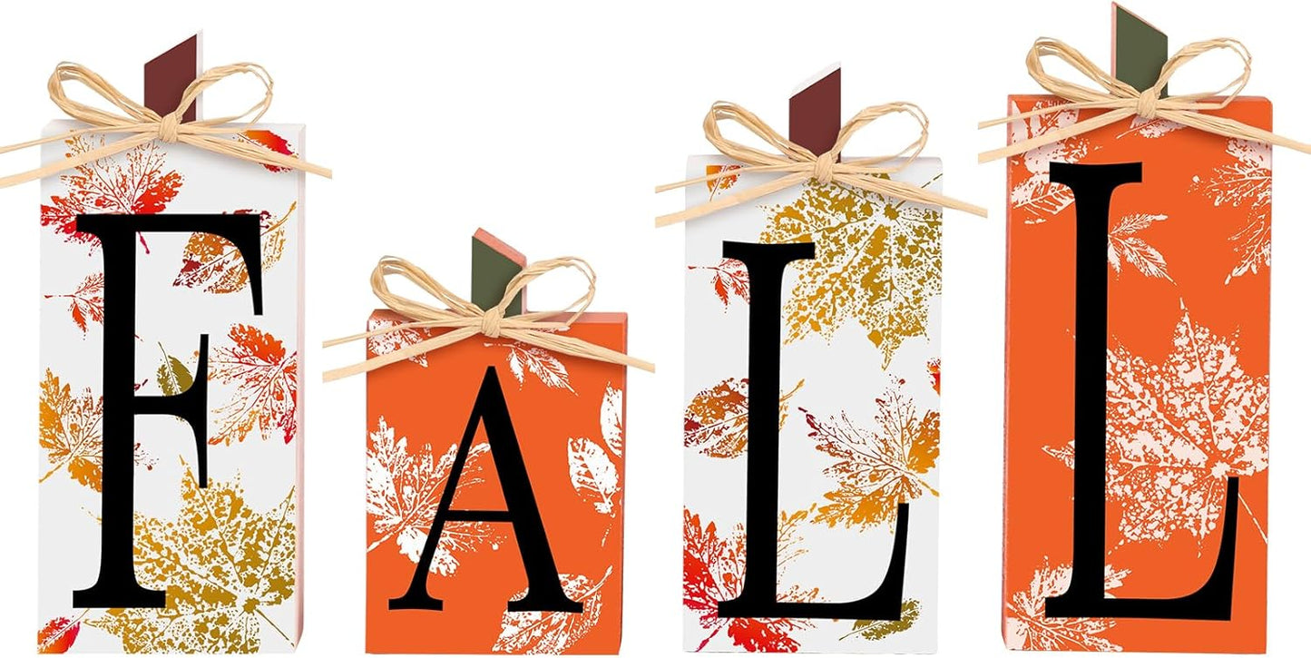 Super Holiday Fall Decor, 4 PCS Autumn Wood Sign Include Fall Lettered Block Tabletop Decorations, for Farmhouse Harvest Thanksgiving Home Office Indoor Party Decor.