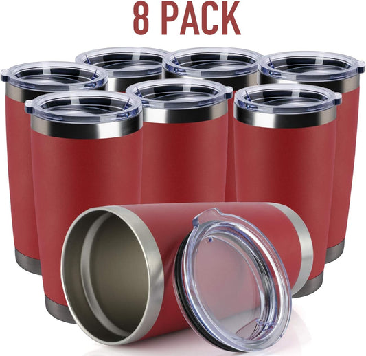8 pack 20 OZ Double Wall Stainless Steel Vacuum Insulated Tumbler Coffee Travel Mug With Lid, Durable Powder Coated Insulated Coffee Cup for Cold & Hot Drinks (Red, 8 pack)