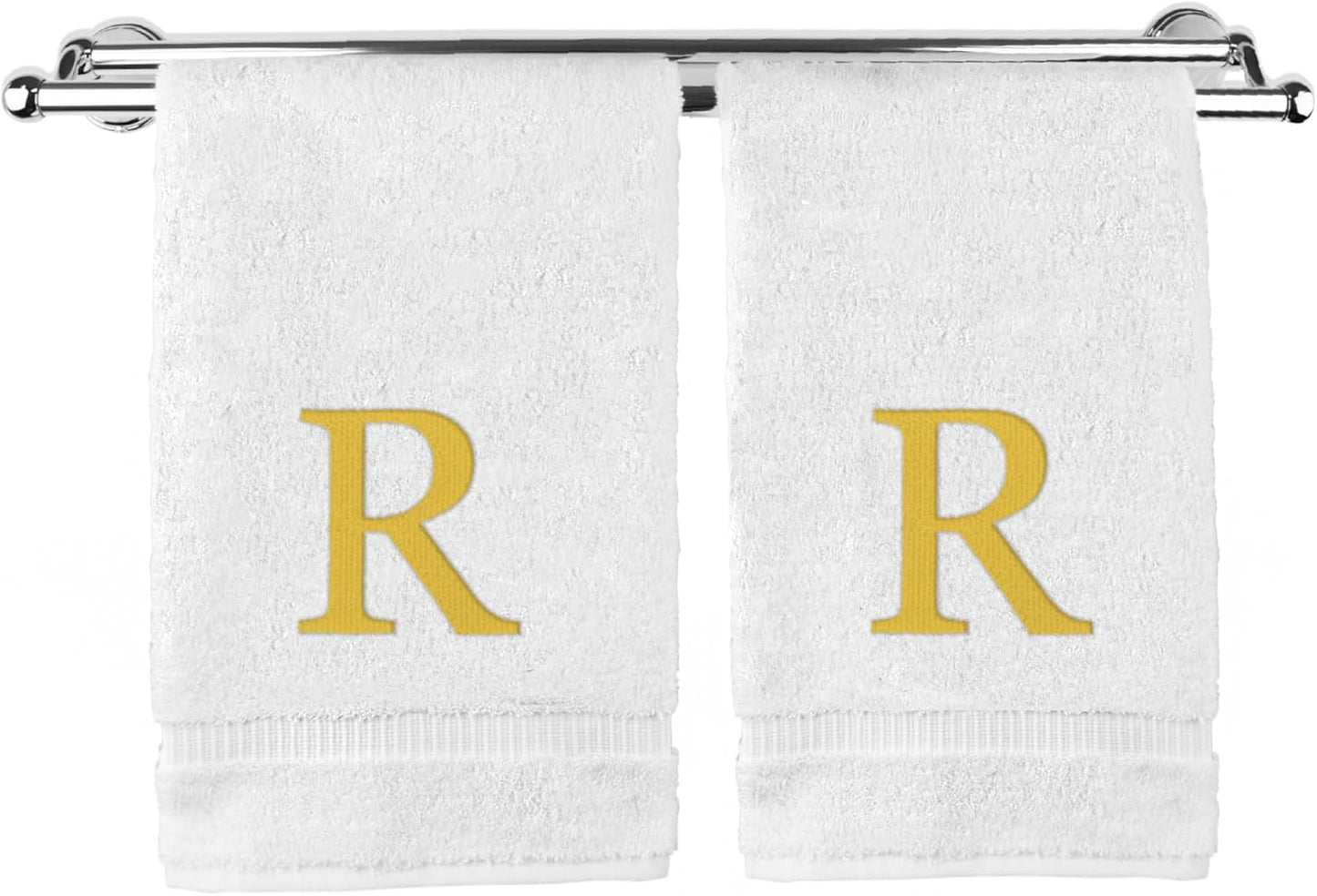 Monogrammed Hand Towel, Personalized Gift, Set of 2- Gold Block Letter Embroidered Towel - Extra Absorbent 100% Turkish Cotton - Soft Terry Finish - Initial R White