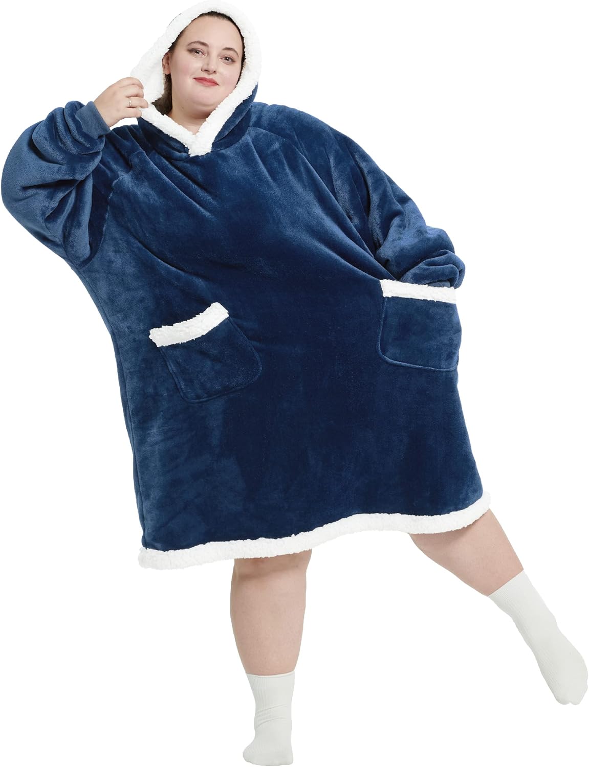 Bedsure Blanket Hoodie, Wearable Blanket for Adults & Kids as Gifts for Women Men, Birthday Gifts for Women Mom Girl Sherpa Oversized Hoodie, Navy, Oversize