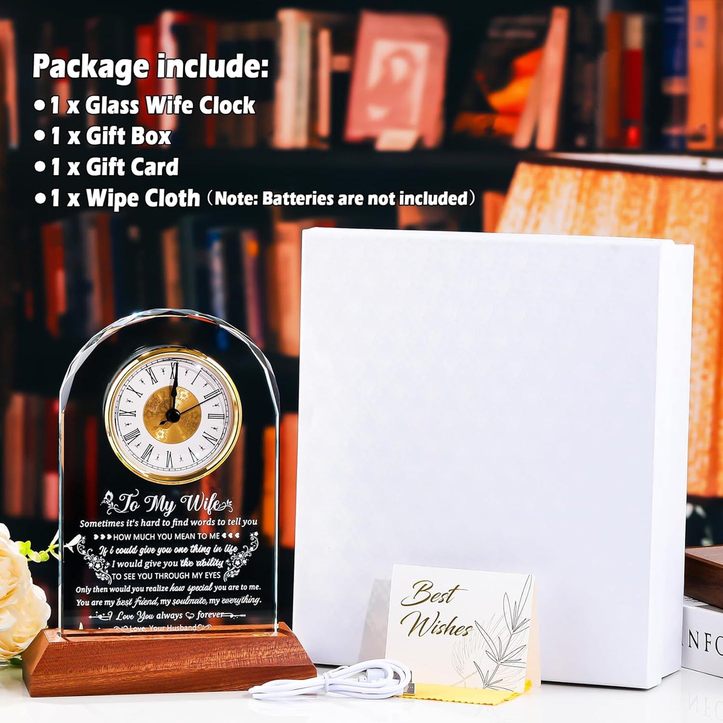 Glass Clock Gifts for Wife from Husband with Wooden Light Base, Personalized Gift for Wife Who Has Everything on Birthday Valentine's Day, Presents for Her on Christmas Home Desk Clock