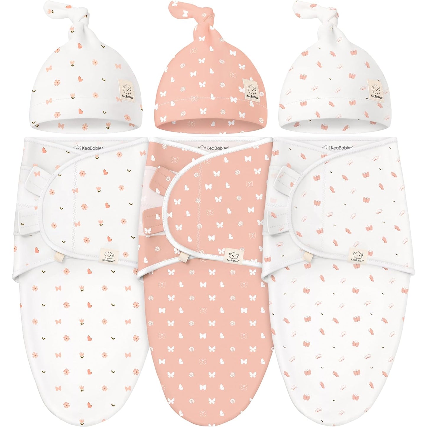 KeaBabies 3-Pack Swaddles for Newborns, Girls, Boys with Hats - Organic Soft Baby Sleep Sacks, Breathable Baby Swaddle 3-6 Months Beanies Set, Premie Infant Sleep Sack 0-3 Months (Butterflies)