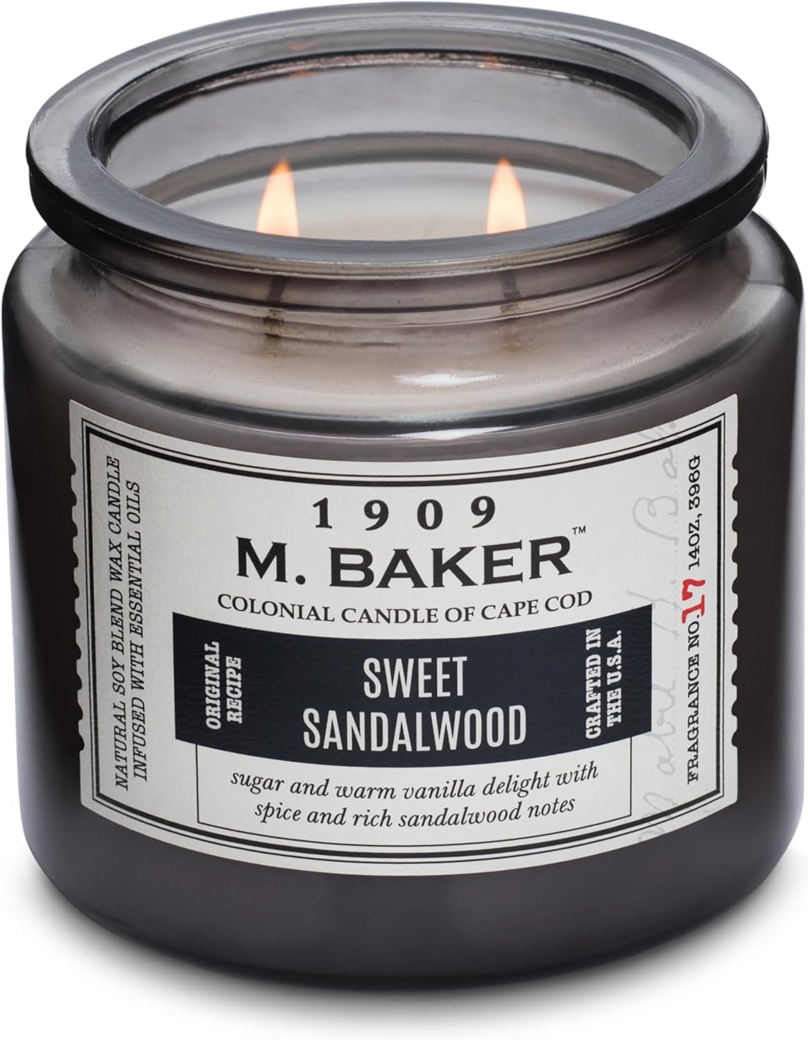 Colonial Candle Sweet Sandalwood Scented Jar Candle | 2-Wick Natural Soy Blend Wax Candle for Home | Relaxing Aromatherapy Candle Infused with Essential Oils | M. Baker Apothecary Glass Jar Candle