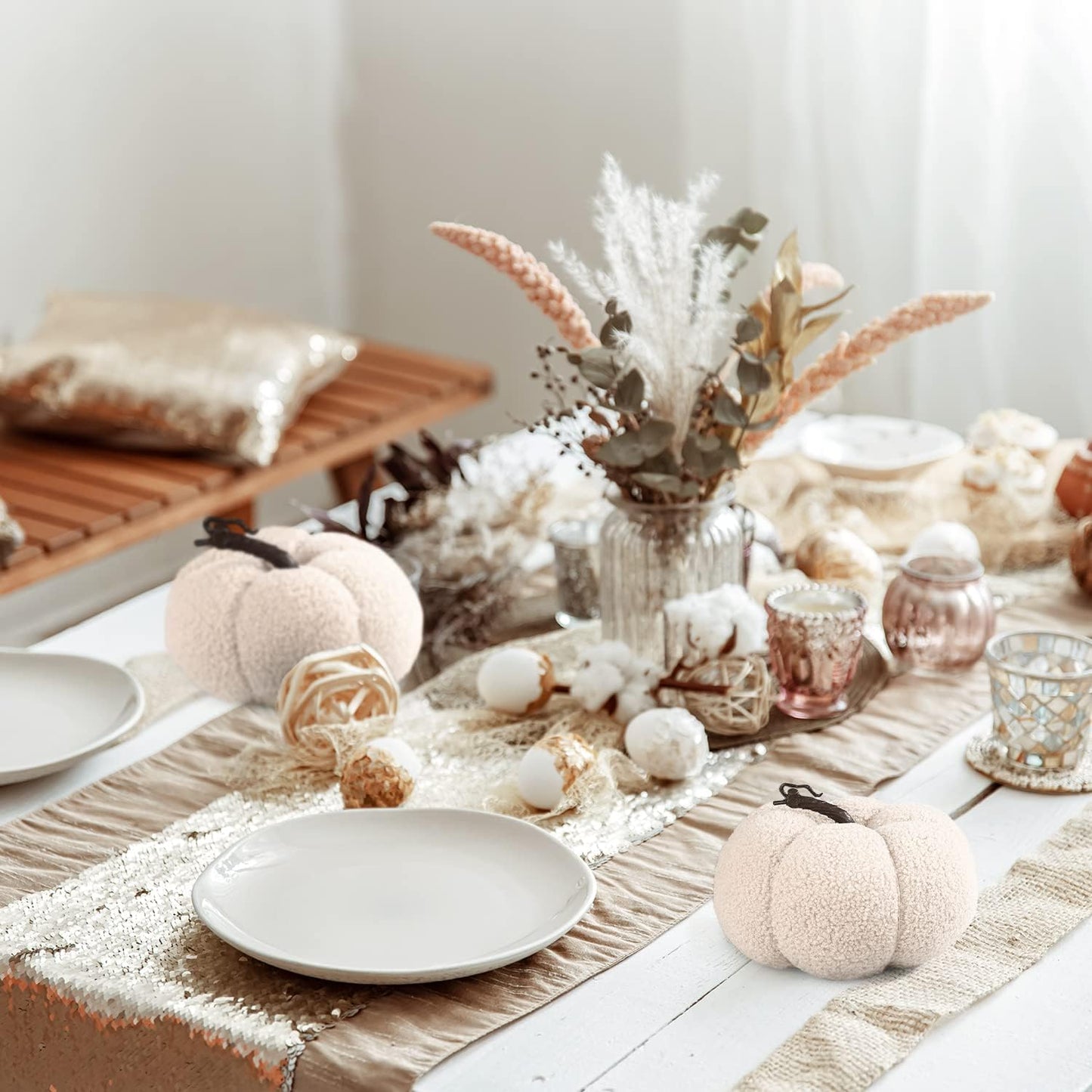 LampLust Plush Pumpkin Decor, Pack of 2, Sand Faux Pumpkins for Thanksgiving Table Centerpiece, Rustic Farmhouse Decor, Fall Halloween Decorations