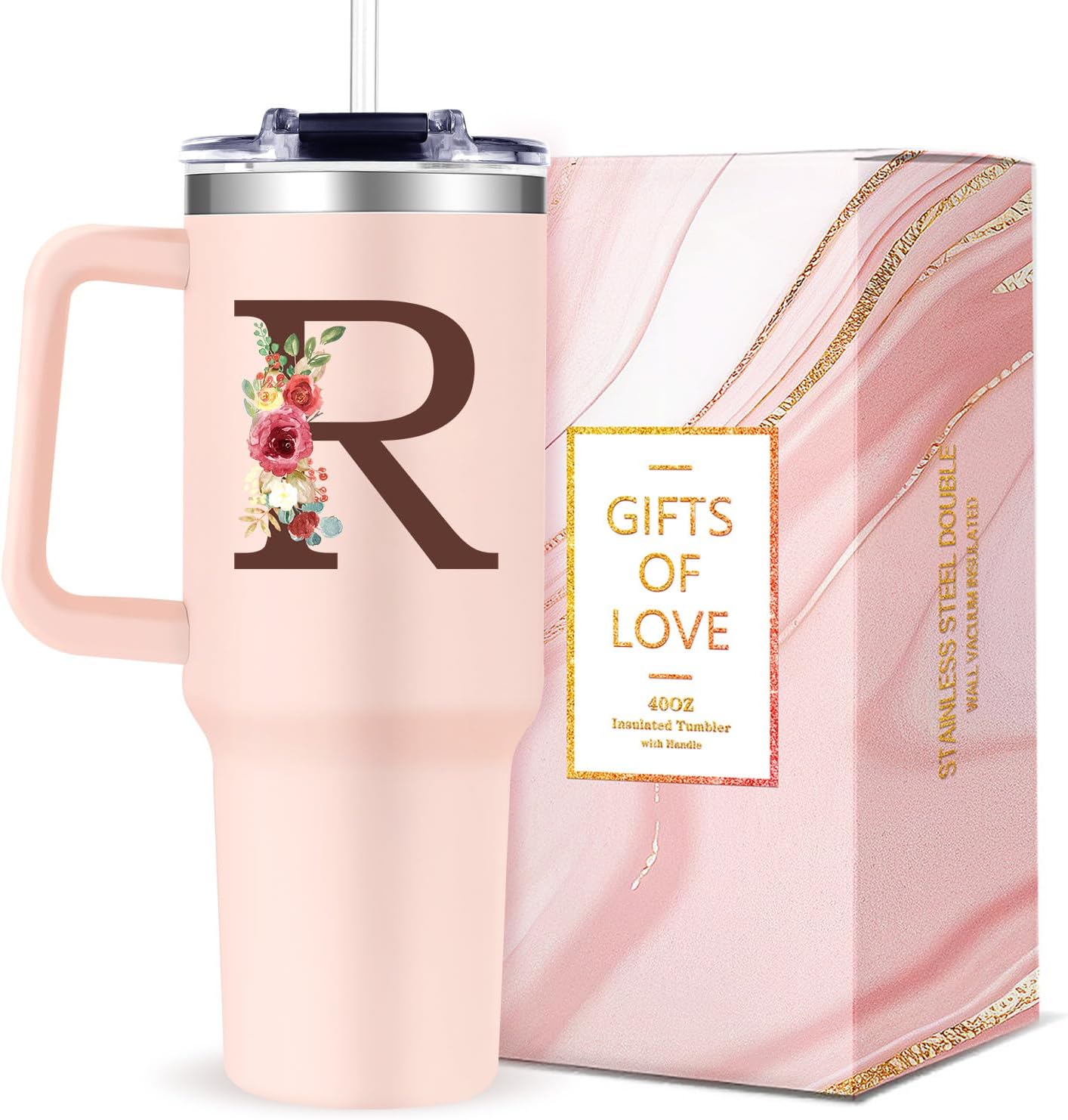 Monogrammed 40oz Tumbler with Handle for Women, Personalized Birthday Gifts for Women,Initial Cups for Woman Floral Letter R,Customized Gifts for Female Lady Gift for Mothers Day Christmas
