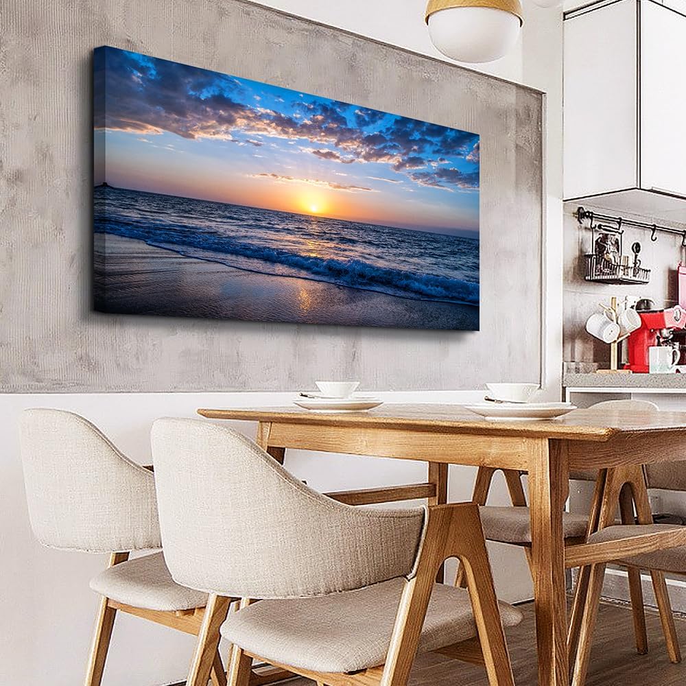 Wapluam Canvas Wall Art For Office Large Wall Decor For Living Room Bedroom Wall Decorations Blue Ocean Wall Painting Sea Beach Seascape Pictures Print Artwork Ready To Hang Home Decor 24 X 48inch