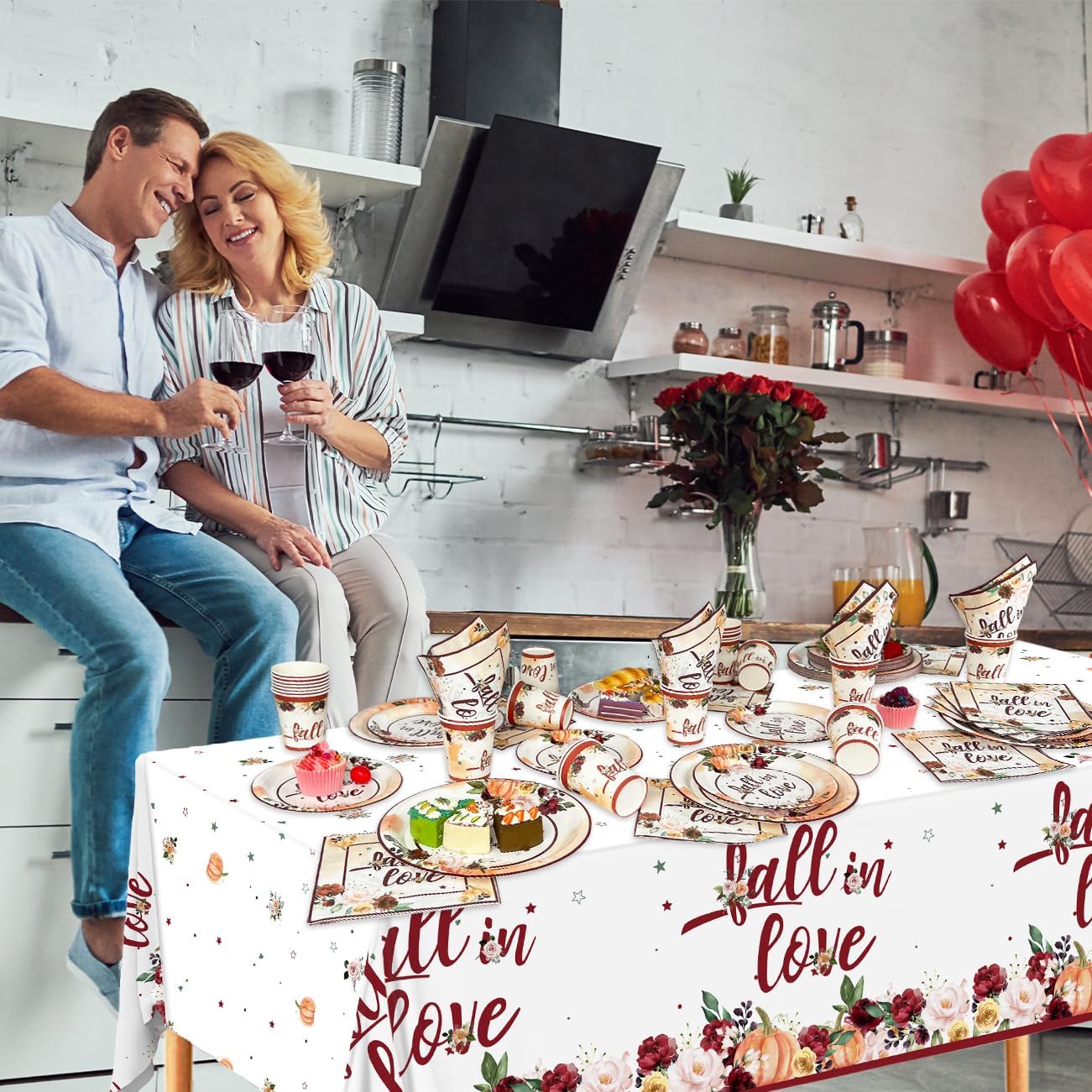 Zhynice Fall in Love Bridal Shower Decorations 121 Pcs Fall Wedding Disposable Autumn Floral Pumpkin Plates and Napkins Cups Tablecloth for Fall Theme Wedding Engagement Supplies 30 Guest
