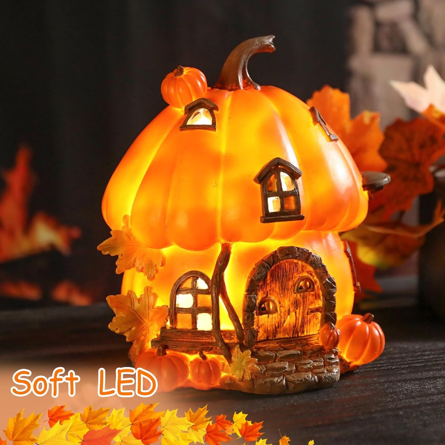 Bdor Fall Pumpkin House Decor with LED Light – 7.5"x6.7"x7.9" Harvest Pumpkin Figurine – Autumn Tabletop Decoration for Thanksgiving, Halloween, Indoor Outdoor Use