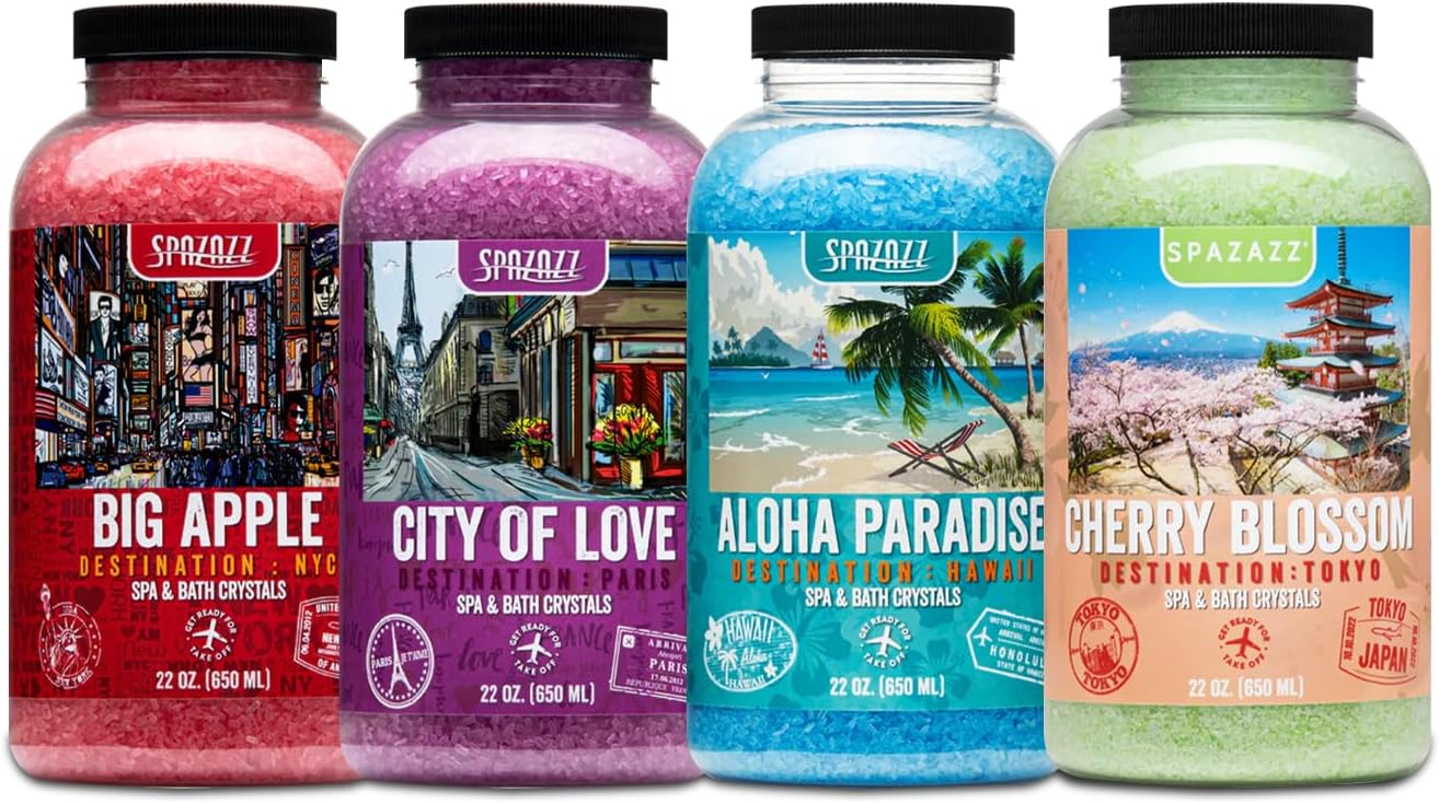 Hot Tub & Spa Aromatherapy Bath Salt Crystal Scents Spazazz Destinations Collection Bundle Aloha Paradise, Big Apple, City of Love, Cherry Blossom - Skin Moisturizer - Will Not Damage Spas & Hot Tubs