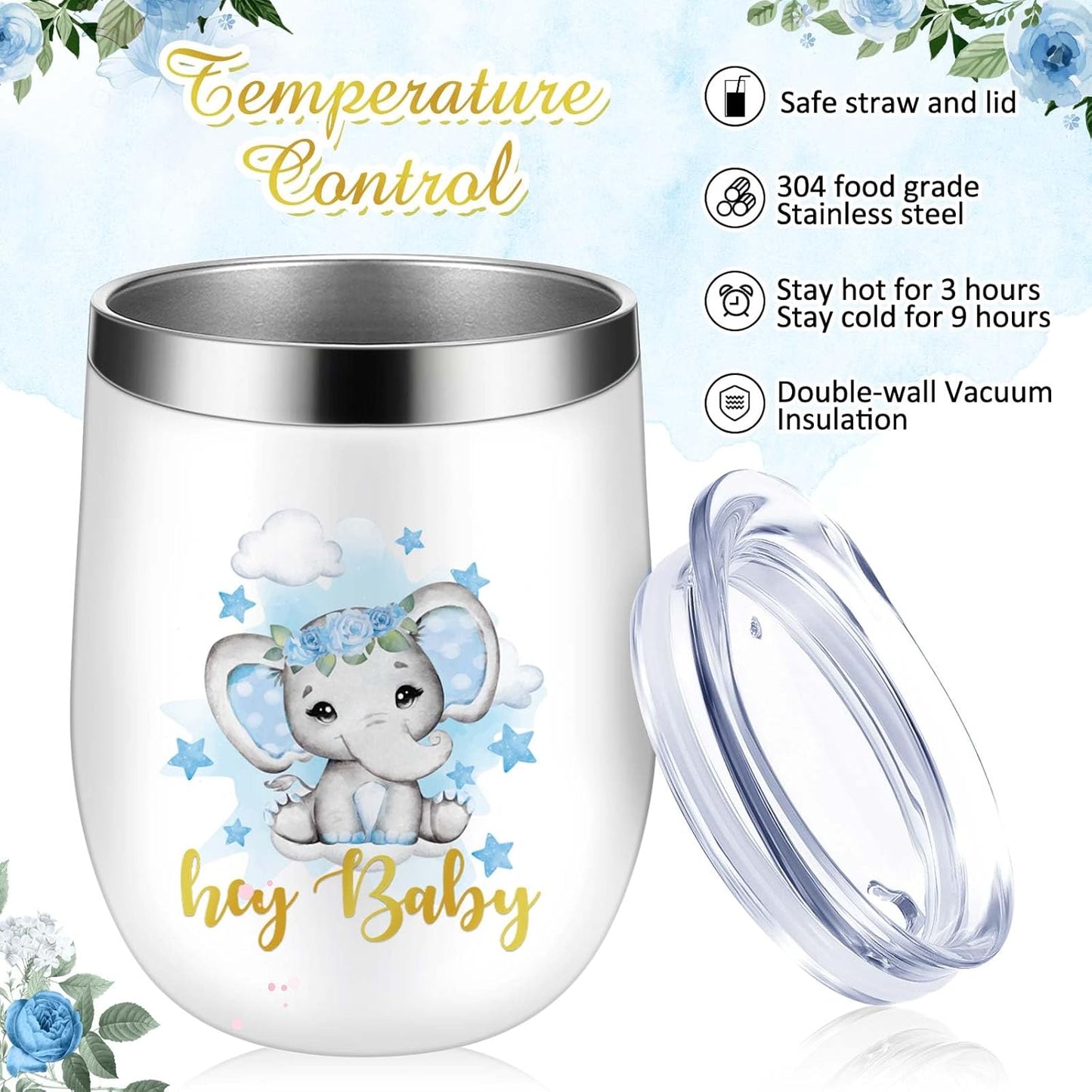 Hoolerry 6 Set Baby Shower Game Prizes for Guests Winners 12 oz Insulated Stainless Steel Tumbler Cup with Lids, Straws, Cleaning Brush, Cards & Boxes Return Gifts(Blue,Elephant)