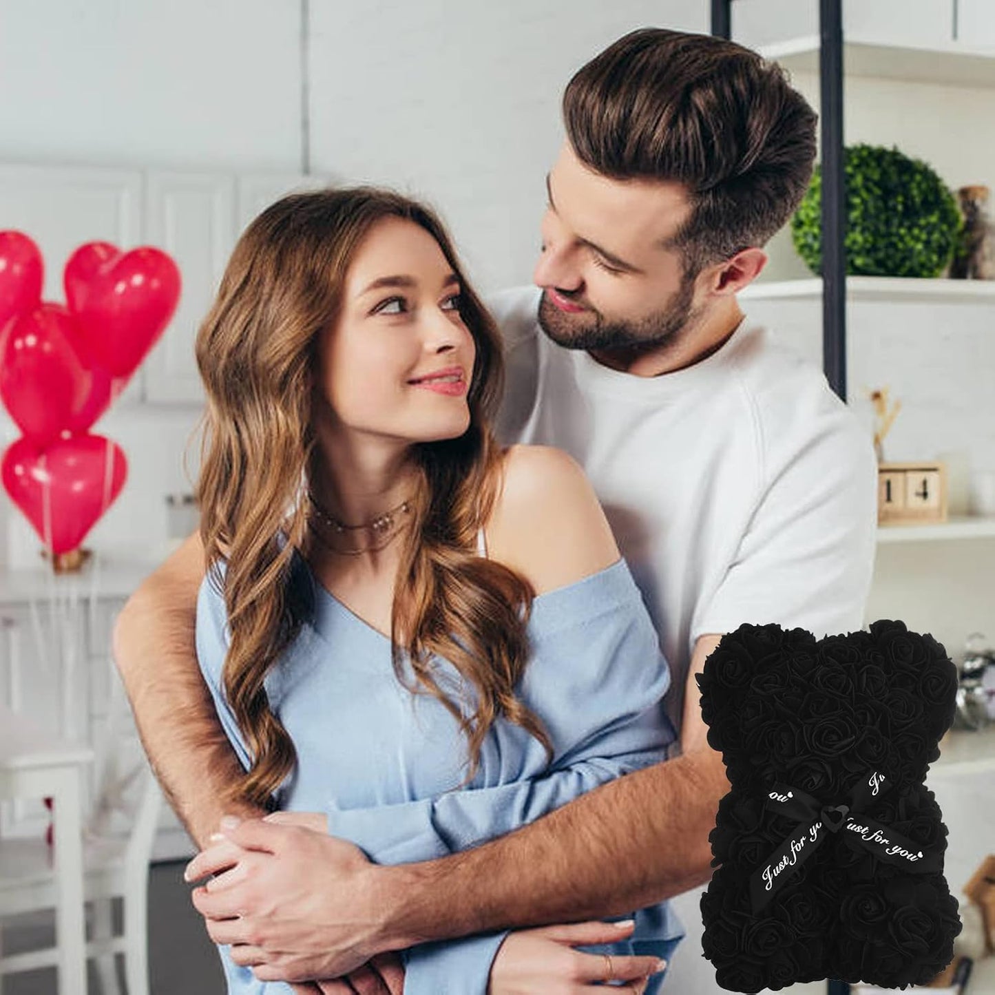 Artificial Rose Flower Bear,Perfect Romantic Gift for Her, Valentine's Mother's Day, Christmas, Birthday,Thanksgiving Party Anniversary Girl Friend Wife with Heart-Shaped Diamond Black.