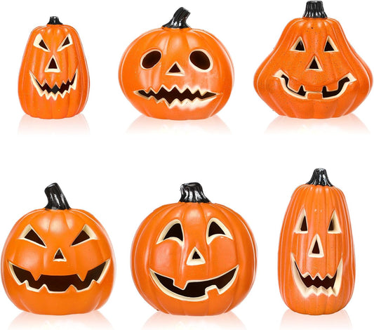 6 Pcs Halloween Pumpkin Lantern Set Light up Pumpkin Lamp LED Light Orange Halloween Decoration for Porch Front Door Outdoor Party Holiday Supplies (Orange)