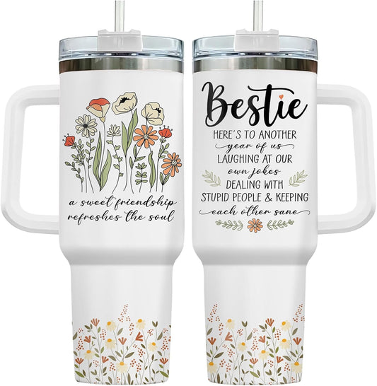 34HD 40oz Bestie Tumbler with Handle and Straw, Vacuum Insulated Friend Coffee Mug with Quote, Anniversary, Birthday Gifts for Best Friend, Coworkers, Sisters, Women