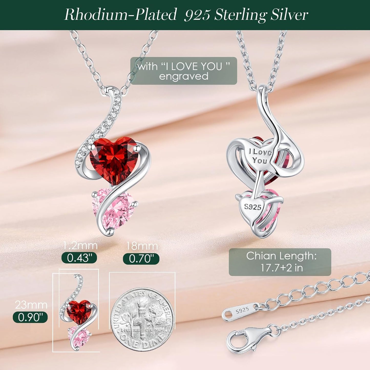LOUISA SECRET Unique Double Heart Necklace Gifts for Wife Women, 925 Sterling Silver Tiny Birthstone Pendant Jewelry Gift for Her Girlfriend Mom Valentine's Day Anniversary Mother's Day Birthdays & Christmas
