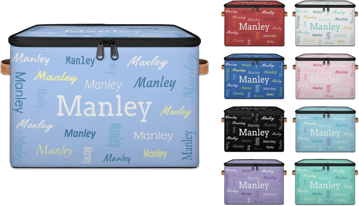 Custom Storage Basket with Name, Personalized Storage Bins with Zipper Lid, Foldable Fabric Storage Box Large capacity with Handle Light Blue