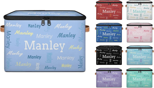 Custom Storage Basket with Name, Personalized Storage Bins with Zipper Lid, Foldable Fabric Storage Box Large capacity with Handle Light Blue