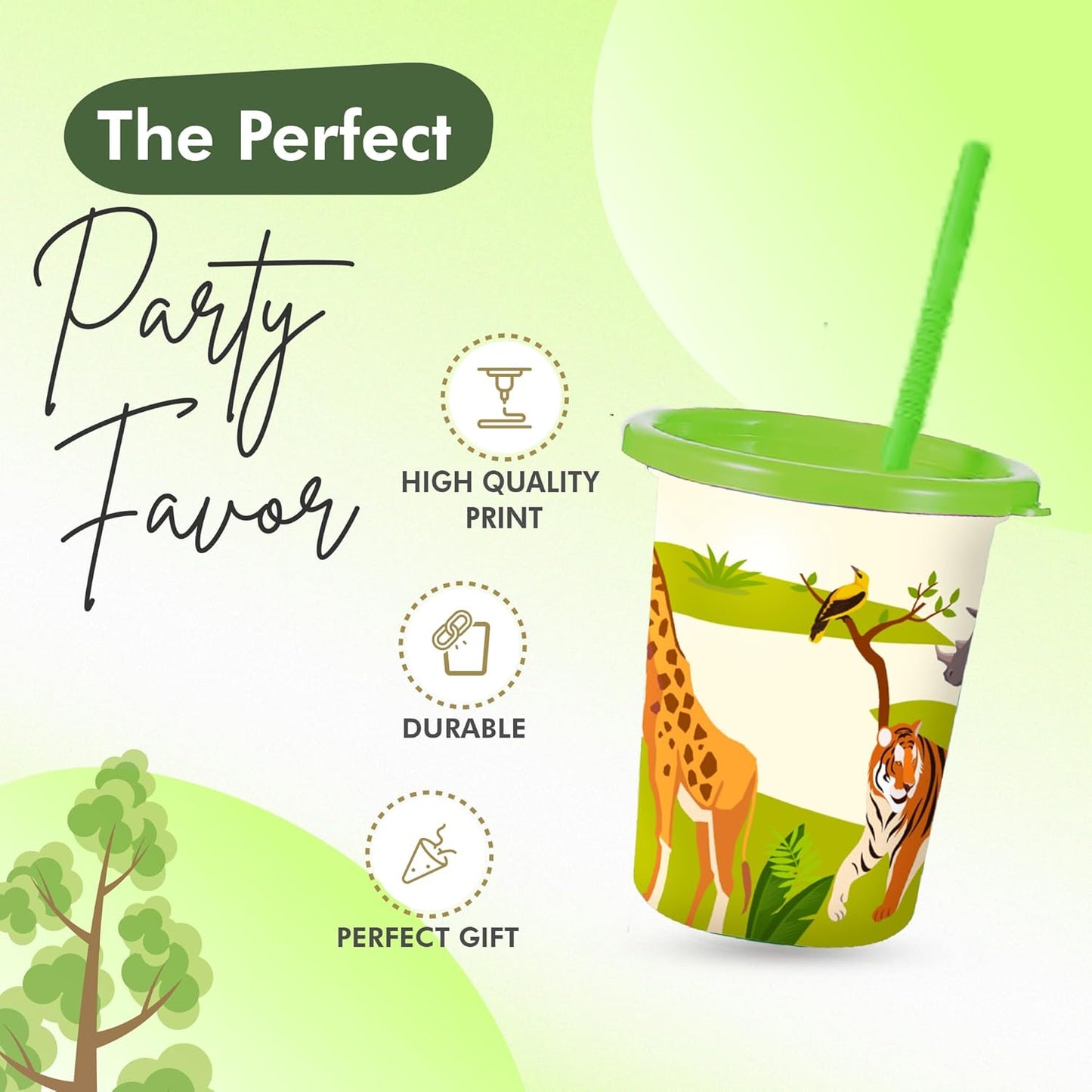 Safari Party Decorations – Set of 12 Zoo Animal Cups with Lids and Straws, Perfect for Safari Birthday, Zoo Favors & Jungle Animal Party Theme