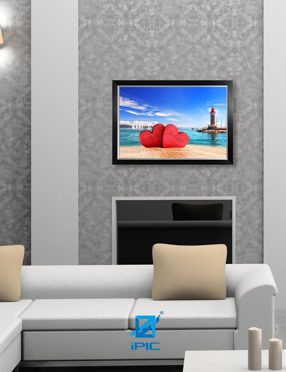 IPIC - Beach Lovers, Personalized Artwork with Names and Date on, Customized Gift for Anniversary,Wedding,Birthday and Holidays. Picture size: 30x20, Framed Size: 33x23