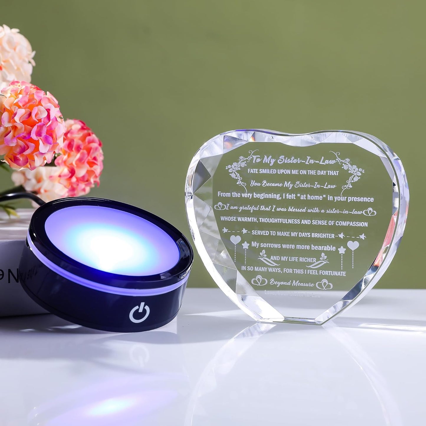 YWHL Sister in Law Birthday Gifts with Colorful LED Base Unique Heart Crystal Keepsake for Unbiological Bonus Sister Wedding Thanksgiving Gift Ideas