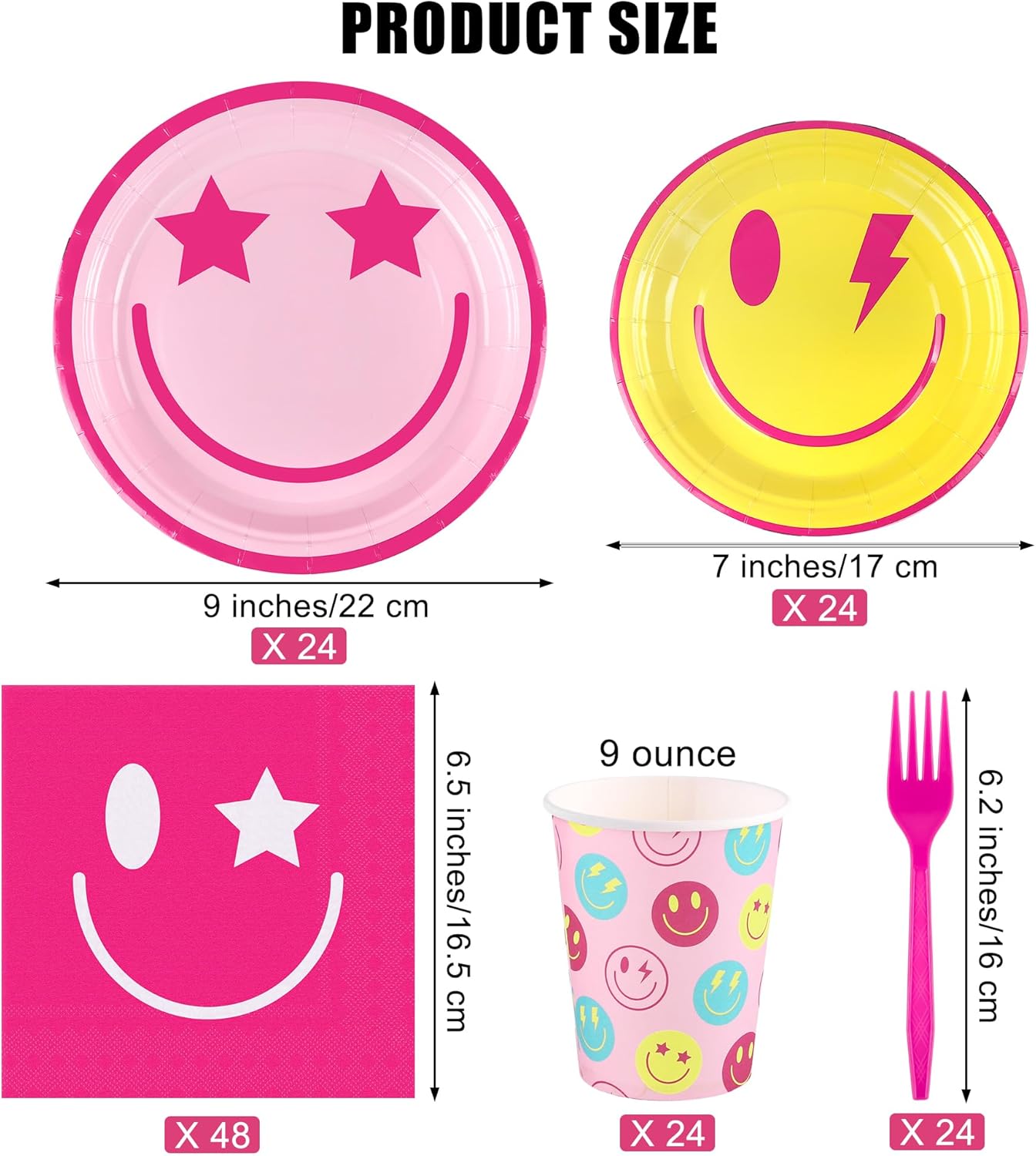 144 Pieces Preppy Smile Party Tableware Sets Including Disposable Plates Napkins Cups Forks Serves 24 for Smile Face Party Birthday Baby Shower Decor Party Supplies