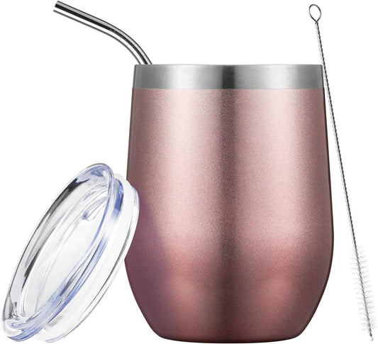 COMOOO 12oz Wine Tumbler with Lid and Straw, Insulated Wine Tumbler Cup, Stainless Steel Wine Glass Tumbler Stemless for Hot and Cold Drinks,Champagne,Cocktails, For Women, Rose gold