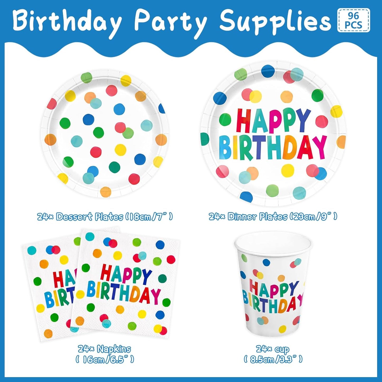 96pcs Happy Birthday Party Plates and Napkins Polka Dots Birthday Party Supplies Colorful Dots Paper Cup Party Supplies for Girls Boys Serve 24 Guests