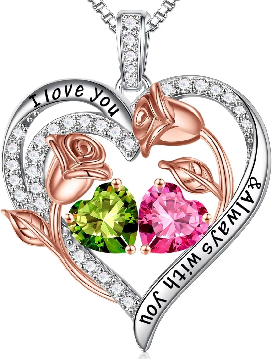 Iefil Birthstone Necklace for Women - 925 Sterling Silver Rose Heart Birthstone Necklace Birthday Anniversary Jewelry Gifts for Her Wife Mom Daughter