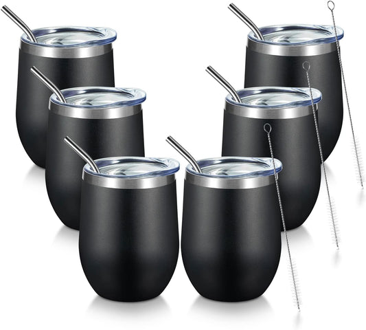 COMOOO 12oz Stainless Steel Wine Tumbler Bulk with Lid and Straw, Double Wall Vacuum Insulated Travel Tumbler Cup, Stemless Wine Tumbler for Cold and Hot Drinks, Coffee, Wine, Cocktails, Black, 6 Pack