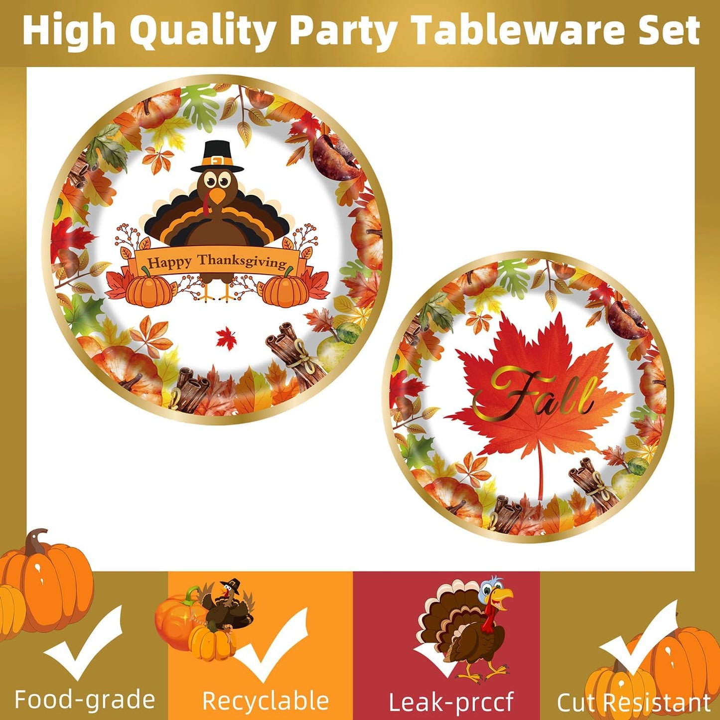 Fall Thanksgiving Party Supplies 96 Pcs Thanksgiving Paper Plates and Napkins Forks Pumpkin Turkey Autumn Disposable Tableware Set for Fall Harvest Party Decorations