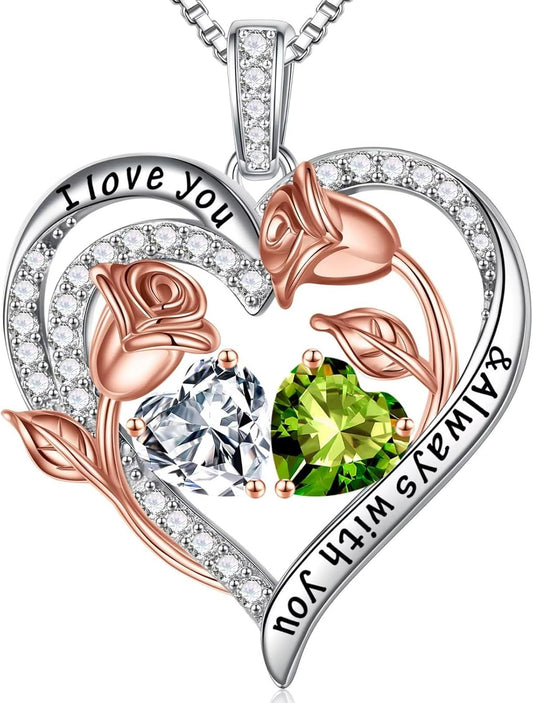 Iefil Birthstone Necklace for Women - 925 Sterling Silver Rose Heart Birthstone Necklace Birthday Anniversary Jewelry Gifts for Her Wife Mom Daughter