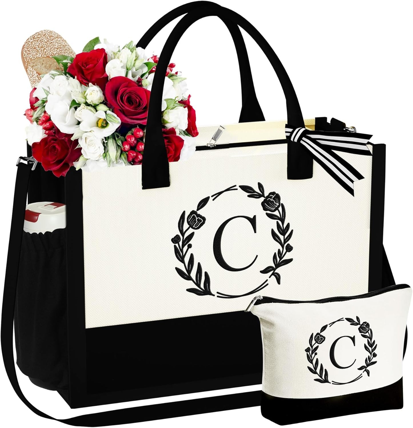 YOOLIFE Gifts for Women - Initial Canvas Tote Bag Makeup Bag, Personalized Gifts for Women Mom Wife Teacher Friend Birthday