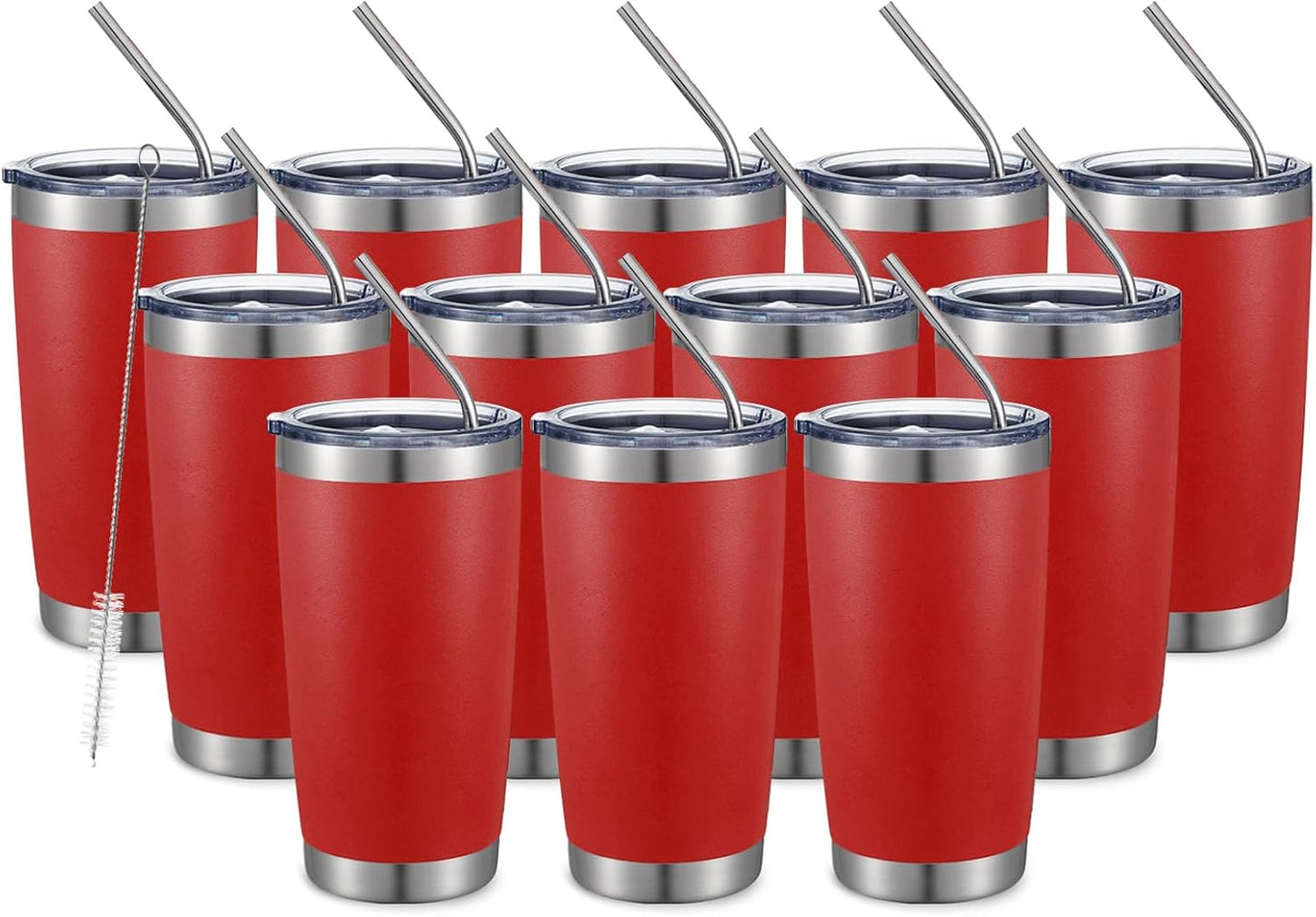 COMOOO 20oz Double Wall Vacuum Insulated Travel Mug, Stainless Steel Tumbler with Lid and Straw Durable Powder Coated Insulated Coffee Cup for Cold & Hot Drinks (red,12 pack