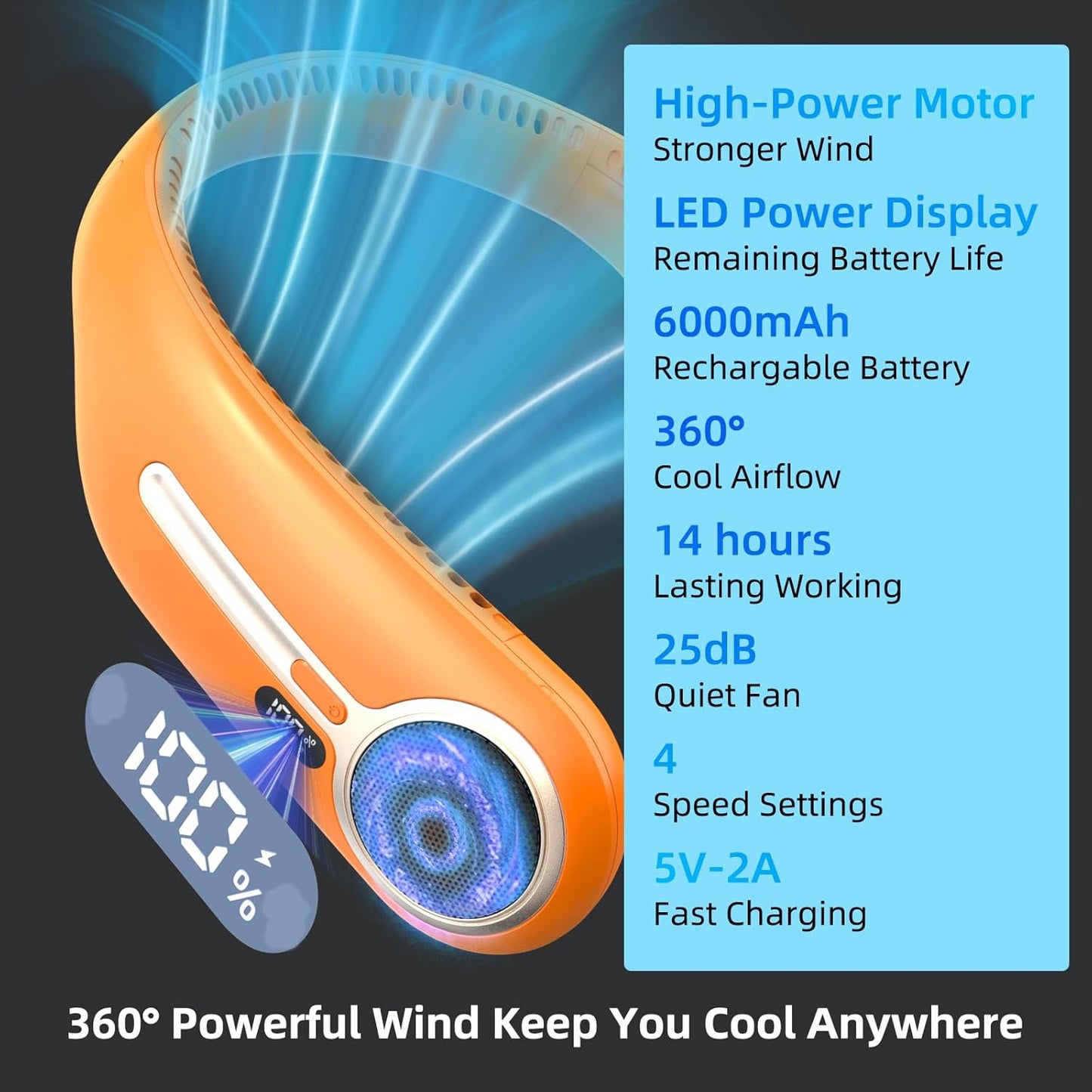 Portable Neck Fan,Gift Ideas,Personal Wearable Bladeless Fan,360° Cooling,LED Display,4-Speeds,6000mAh Rechargeable,Powerful Wind,Outdoor Travel Camping,Birthday Gifts for Men Women Dad Mom (Orange)