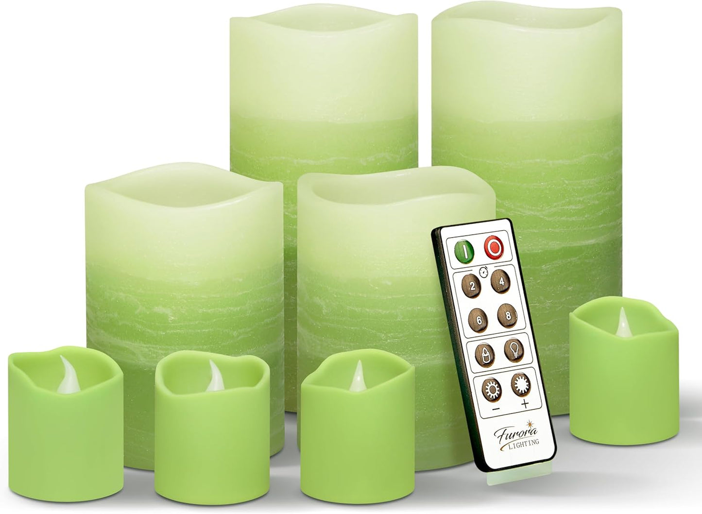 FURORA LIGHTING Green Ombre LED Candles with Remote, 4 Pillar and 4 Votives Pack of 8, Real Wax Flameless Flickering Candles for Home Décor, Battery Operated