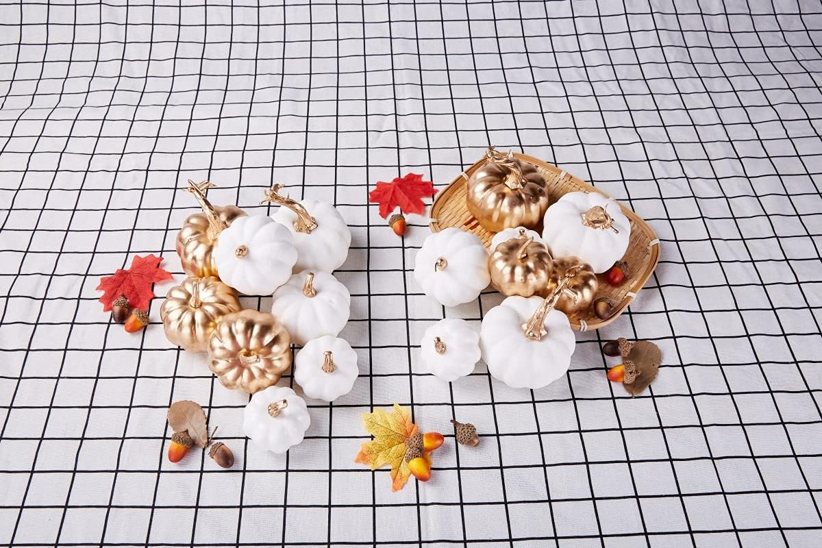 Artmag 16 Pcs Assorted Fall Artificial Pumpkins Harvest White Faux Pumpkins and Gold Plating Pumpkins for Halloween Fall Thanksgiving Decorating Displaying
