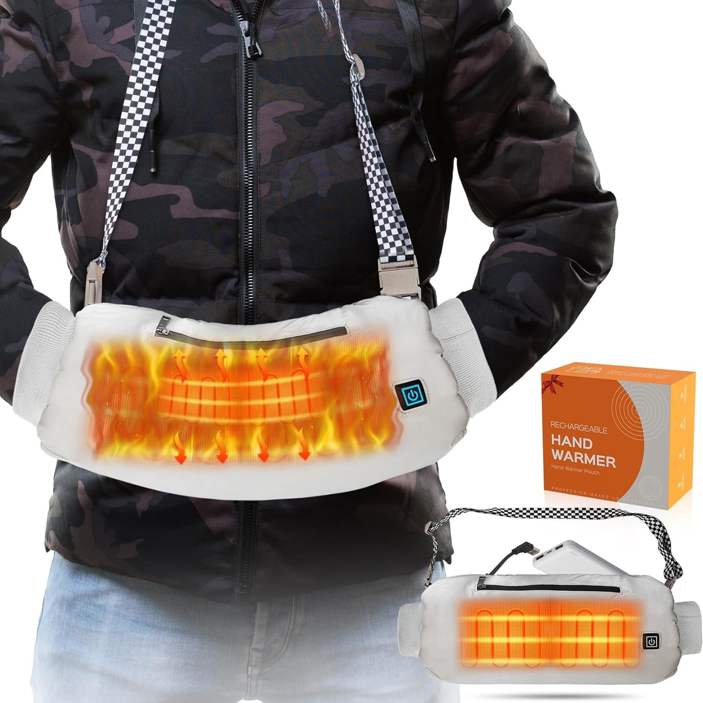 Heated Hand Warmer Pouch, 10000mAh Electric Heated Hand Muff, Rechargeable Portable Power Bank Hand Warmer with 3 Levels Heating for Football, Hunting,Fishing,Camping.