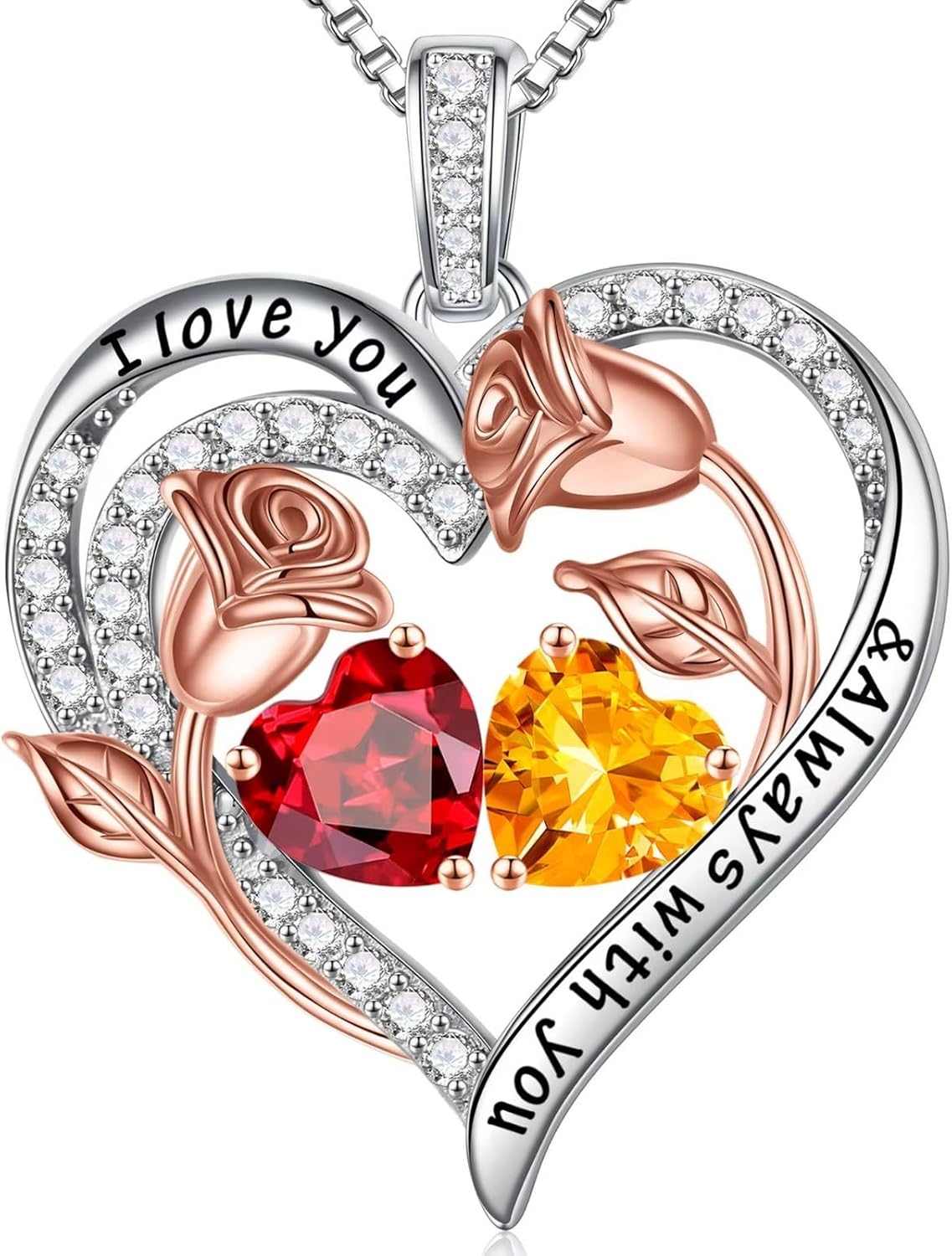 Iefil Birthstone Necklace for Women - 925 Sterling Silver Rose Heart Birthstone Necklace Birthday Anniversary Jewelry Gifts for Her Wife Mom Daughter