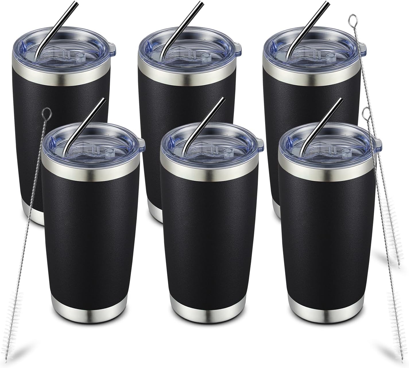 COMOOO 20oz Black Tumbler Double Wall Vacuum Insulated Coffee Travel Mug Stainless Steel Tumbler with Lid and Straw Coffee Cup for Cold Drinks & Hot Beverage, Home and Outdoor (Black, 6 Pack)