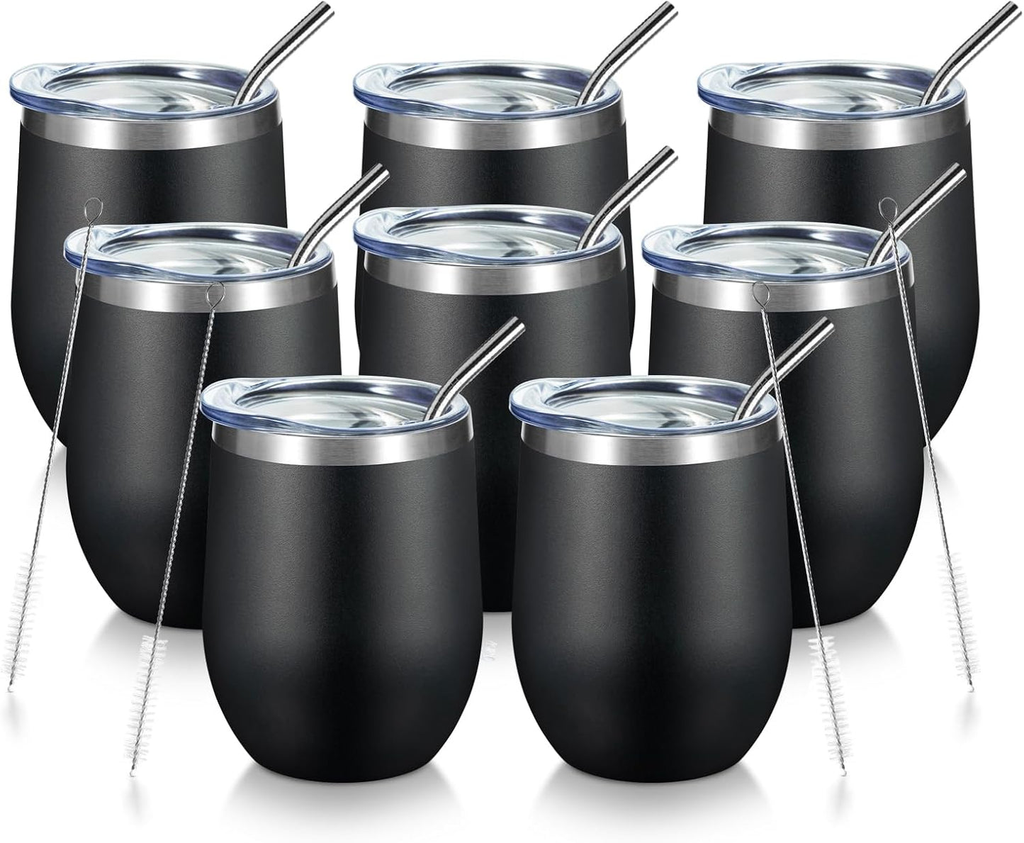 COMOOO 12oz Stainless Steel Drinking Cup - Bulk with Lid and Straw, Double Wall Vacuum Insulated, for Hot and Cold Drinks, Coffee, Cocktails, Black, 8 Pack