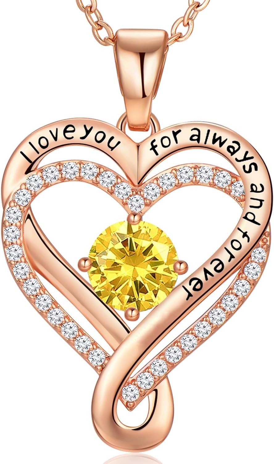Infinity Heart Birthstone Necklace for Women Wife 18K Rose Gold Plated,Anniversary for Women Wife Her Birthday Gift for Girlfriend Mom Daughters, I Love You Women's Jewelry