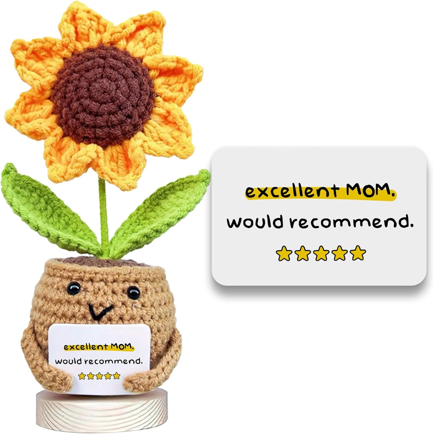 Gossby Gift for Mom - Handmade Positive Sunflower Doll Crochet with Card - Excellent MOM Would Recommend - Mother Gift from Daughter, Son, Kid - Mothers Day, Christmas, Birthday Present Idea