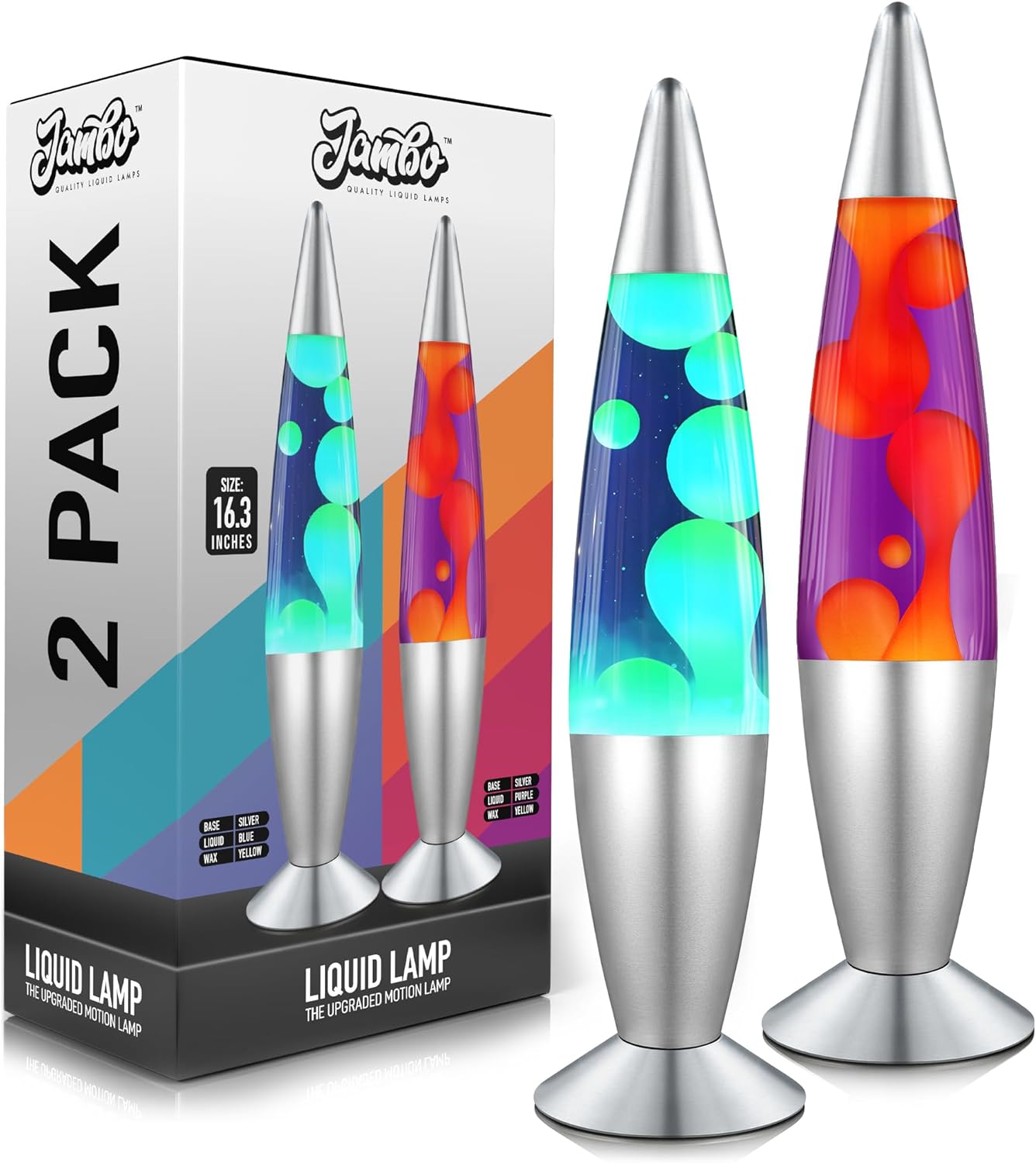 JAMBO 2 Pack- 16" Beautiful Lamp- Blue with Yellow/Green Wax and Purple with Yellow Wax, Relaxing Liquid Lamp, Night Light Nightlight, Lamps for Adults Teens Kid