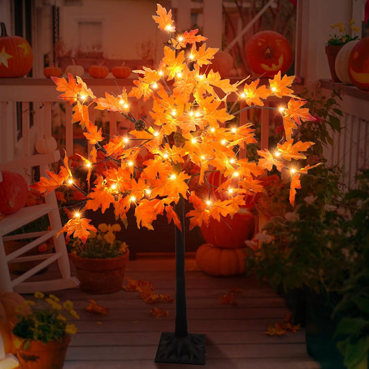4FT Prelit Maple Tree Artificial Fall Tree with Acorn Pine Cone 56 LED Autumn Lighted Tree for Thanksgiving Harvest Wedding Party Home Indoor Outdoor Decor