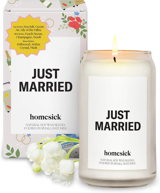 Homesick Scented Candles for Home (Just Married) - 13.75 oz Long-Lasting Soy Wax Blend Jar Candle Gifts for Weddings, 60-80 Hours Burn Time - Notes of Neroli Blossom, Amber & Creamy Musk