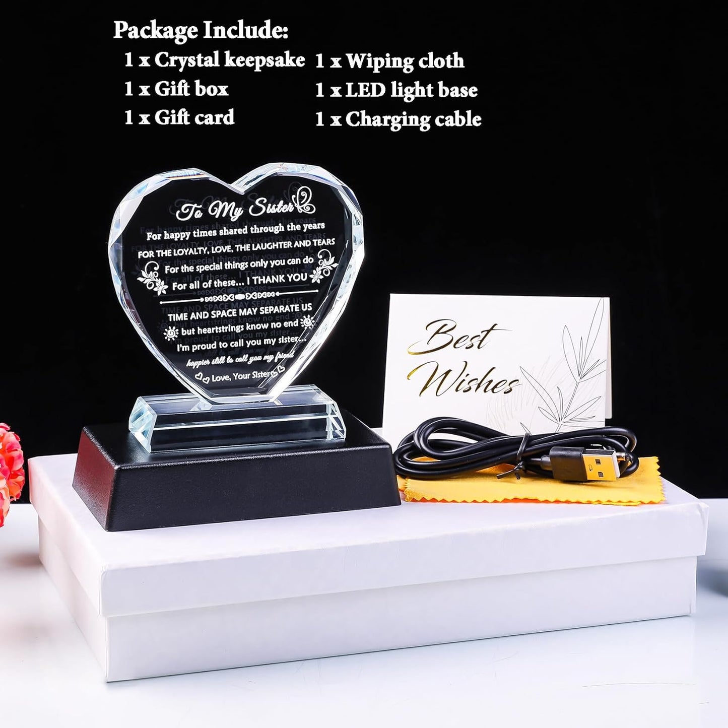YWHL Sister Gifts from Sisters Brother Birthday Gifts for Sisters Crystal Heart Keepsake with Colorful Base Sister Gift for Women on Christmas Mothers Day Valentines Wedding