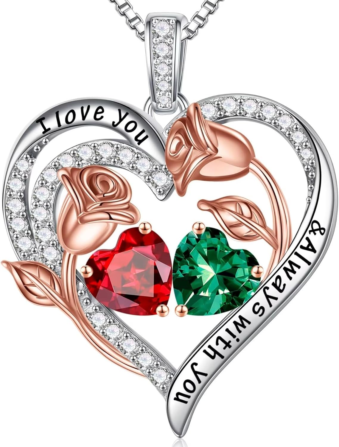 Iefil Birthstone Necklace for Women - 925 Sterling Silver Rose Heart Birthstone Necklace Birthday Anniversary Jewelry Gifts for Her Wife Mom Daughter