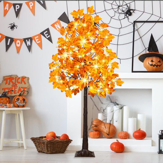 6FT Artificial Lighted Maple Tree, 120LED Fall Tree with Warm White Lights and Maple Leaves for Halloween, Thanksgiving, Autumn Harvest Outdoor Indoor Home Decor, Orange