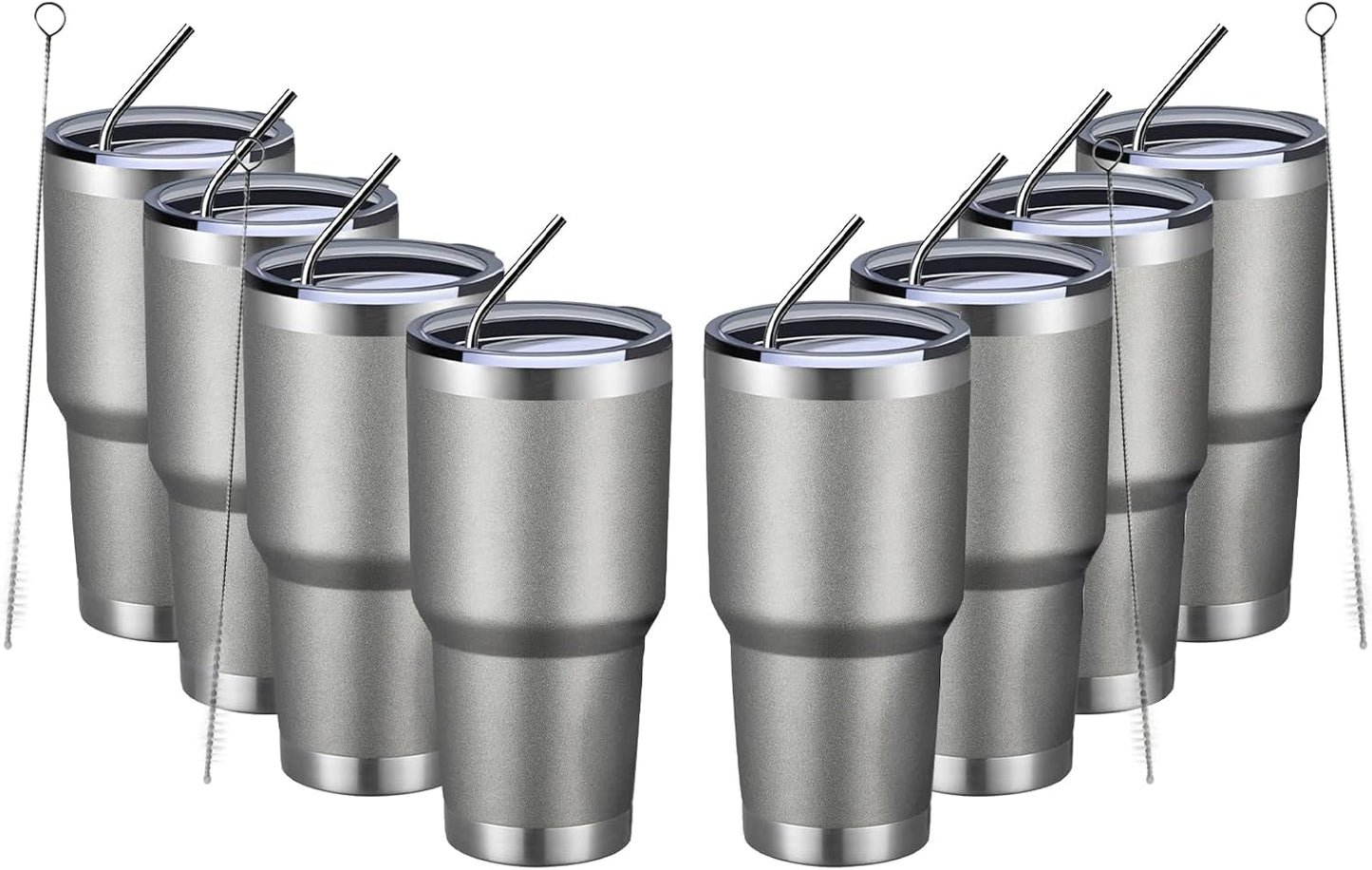 MEWAY 30oz Insulated Tumbler With Lids and Straws,Stainless Steel Double Vacuum Coffee Tumbler Cup, Brush, Durable Powder Coated Coffee Cup for Cold & Hot Drinks(Cold Grey,8 PACK)