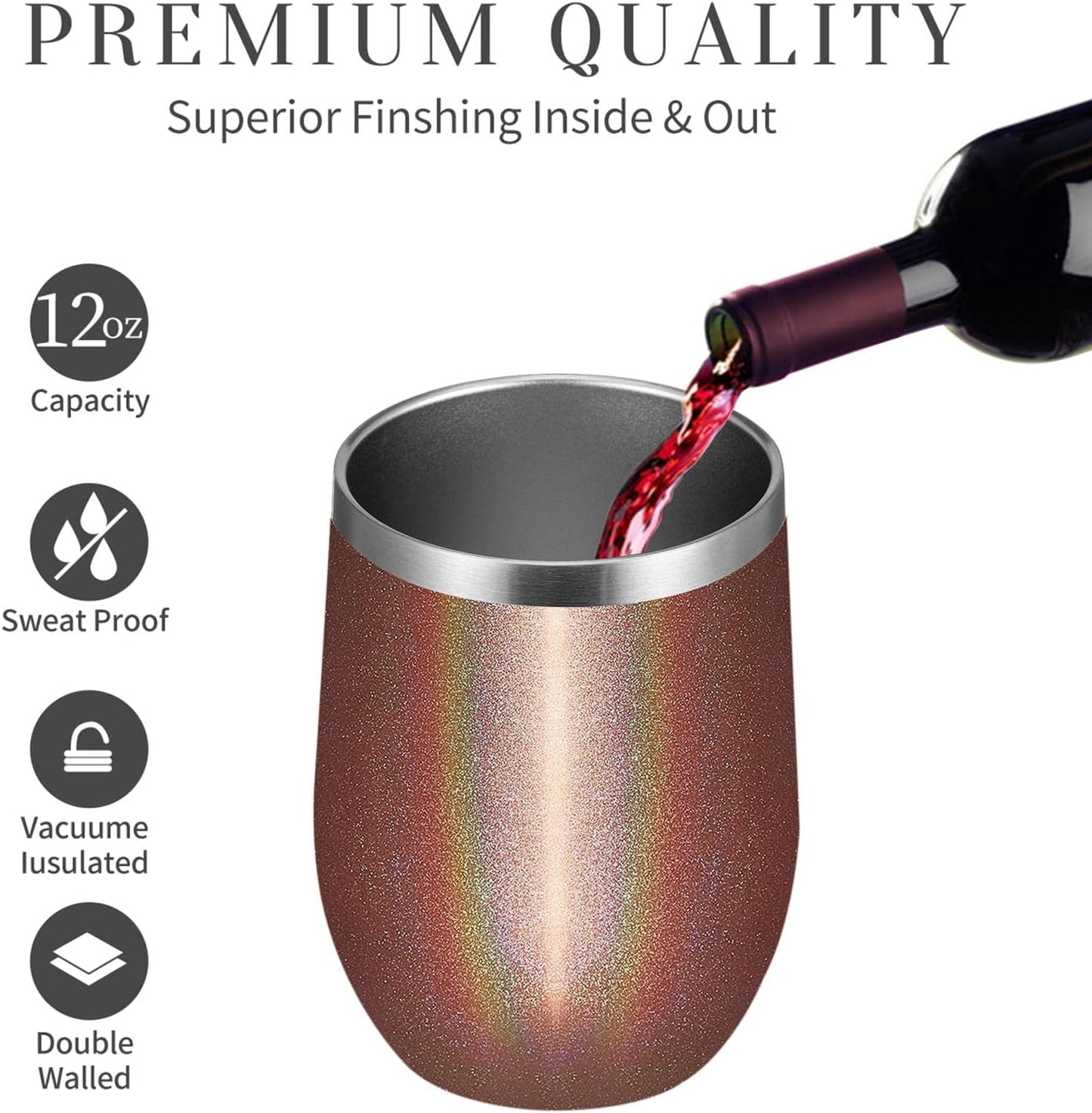 MEWAY 12oz/16 Pack Wine Tumbler Glasses with Lid - Stemless Double Wall Vacuum Stainless Steel Glitter Tumbler - Keeping Cold & Hot Cup for Coffee,Gift for Women(Rainbow Rose Gold,Set of 16)