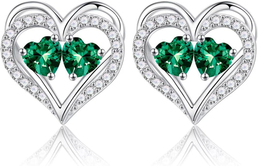 Iefil Birthstone Earrings for Women - 925 Sterling Silver Heart Earrings Anniversary Birthday Gifts for Women Wife Girlfriend Mom